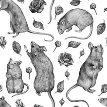 Beautiful Vintage Seamless Pattern. Pencil Drawing Of Rodents In Various Poses, Surrounded By Leaves And Flowers Of Roses. Graphic Drawing Rat On A White Background. Realistic Wild Animals And Flowers