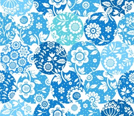  Floral white pattern on blue circles, seamless, white background, flat, vector. Fabulous decor. Color, floral ornament.  