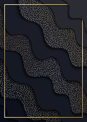 Wall Mural - papercut abstract wave black shape background with gold dots and frame pattern. layered backdrop wit