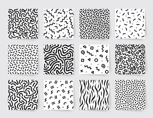 Set of seamless black and white geometric patterns. Hipster Memphis style.