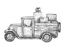 Hand Drawn Delivery Truck With Parcels