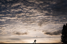 Silhouette Of Girl Running With Cattail At Sunset Under Big Sky