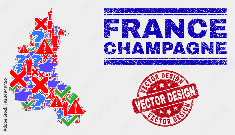 Sign Mosaic Champagne Province map and seal stamps. Red round Vector ...