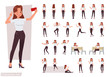 Set of woman character vector design. Presentation in various action with emotions, running, standing and walking.