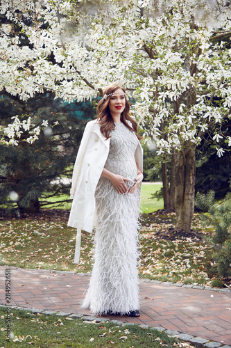 Fashion Beautiful Pregnant Woman Walk In The Park Street In Long