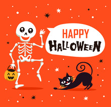 Happy Halloween With Funny Skeleton And Cute Cat Cartoon Character. Halloween Festive For Banner, Poster, Greeting Card, Party Invitation.