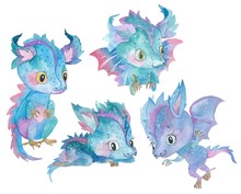 Set Of Watercolor Hand Painted Cute Little Dragons  Illustration Isolated On White. Cartoon Childish Characters