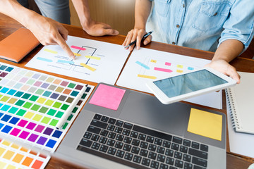 business technology concept, creative team designer choosing samples with UI/UX developing on sketch layout design mockup on smartphone application for mobile user interface design chart.