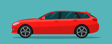Red Station Wagon Car Side View Isolated Vector Flat Style Illustration.