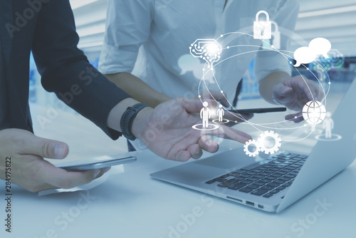 Fotomural Businessman woking with icon of AI, security, human resource, globalization and
