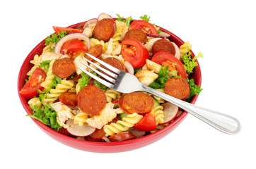 Wall Mural - Chorizo and chicken pasta salad bowl isolated on a white background