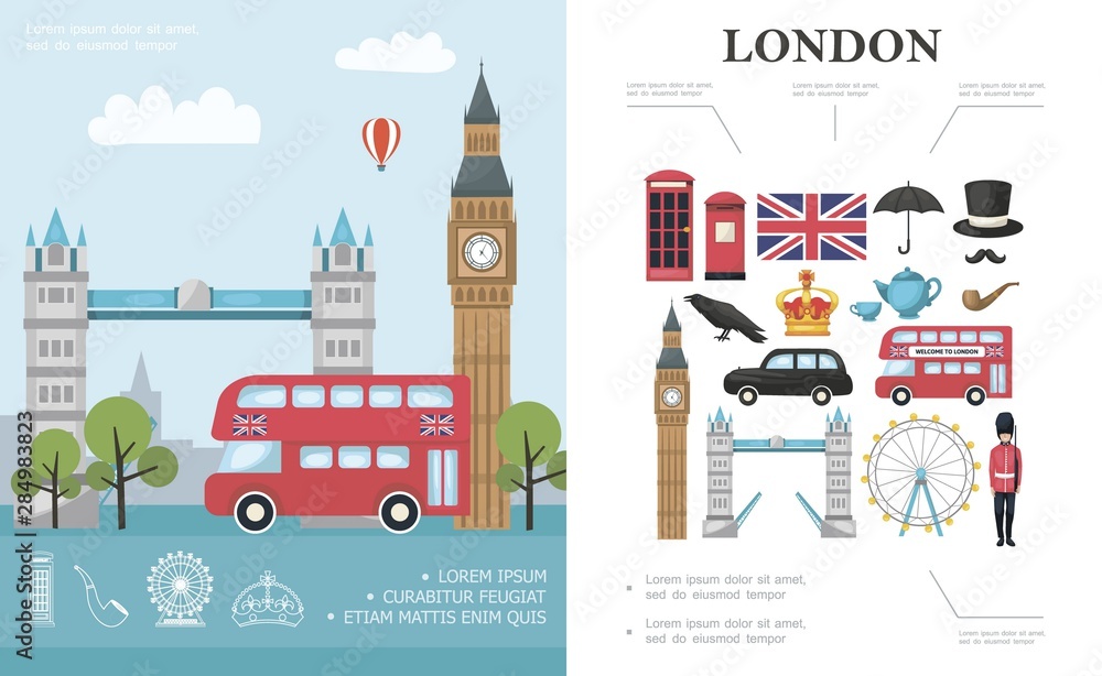 Flat Travel To London Concept - obrazy, fototapety, plakaty 