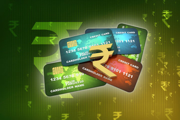 3d rendering  credit or debit card with indian rupee