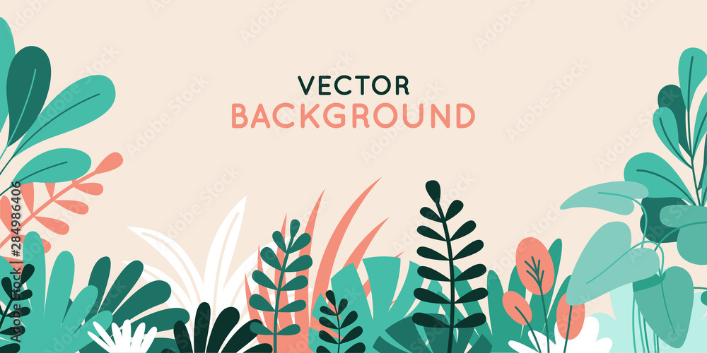 Vector illustration in simple flat style with copy space for text - background with plants and leaves - obrazy, fototapety, plakaty 