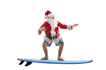 Poster - Santa Claus in swimming shorts on a surfboard