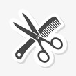 Scissor and comb sticker icon isolated on white background. Scissor and comb icon in trendy design style