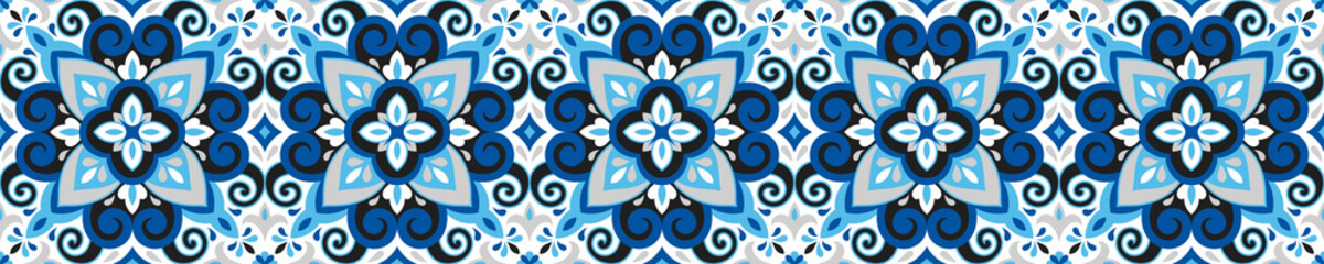 Azulejos ceramic tile design. Talavera tracery motif. Unique creative endless fill swatch. Portuguese, Spanish, Mexican, Brazilian folklore ornament. Ethnic style vector hand drawn seamless pattern.