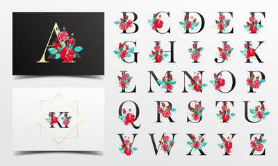 Wall Mural - Beautiful alphabet collection with red watercolor floral decoration