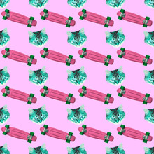 Seamless Pattern  Skateboards With Green Wheels And Heads Of Cats On A Pink Background