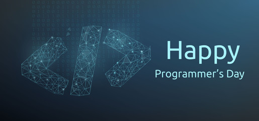 Happy programmer day banner with code symbol in polygonal wireframe style. Vector illustration.