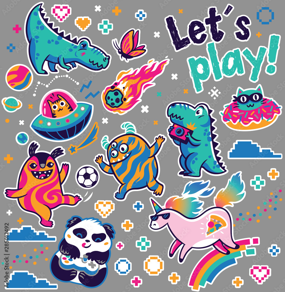 Let's play. Kids sticker collection in vector. Cute fantasy animals, cosmic aliens, cool unicorn, panda gamer and other - obrazy, fototapety, plakaty 