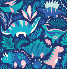 Wall Mural - Endless background with cartoon dinosaurs and tropic plants