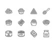 Red caviar flat line icons set. Canned fish eggs, tobiko roe, appetizer vector illustrations. Outline signs for seafood store. Pixel perfect 64x64. Editable Strokes