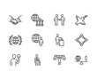 Diplomacy flat line icons set. Global politics, handshake, international business, presentation vector illustrations. Outline signs for diplomatic meeting. Pixel perfect 64x64. Editable Strokes