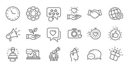 Brand ambassador line icons. Influence people, Megaphone and Representative. Handshake, influencer marketing person, ambassador person icons. Linear set. Quality line set. Vector