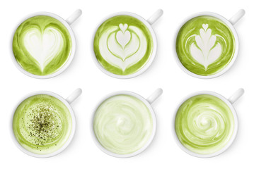 Set of green tea matcha latte foam art