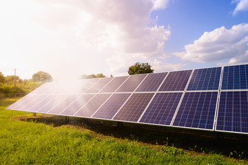 solar panels mounted on the ground. green grass and sunny blue sky background