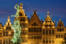 Antwerp Grote Markt With Famous Brabo Statue And Fountain At Night, Belgium