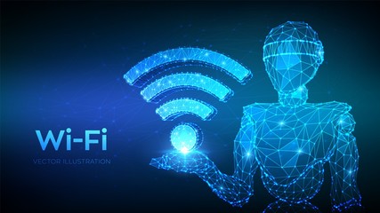 Wall Mural - Wi-Fi. Low poly abstract Wi Fi sign. Wlan access, wireless hotspot signal symbol. Mobile connection zone. Data transfer. Abstract 3d low polygonal robot holding WiFi icon. Vector illustration.