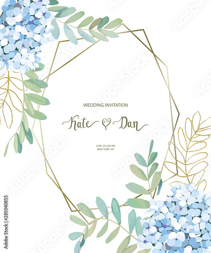 Greenery geometric card with leaves, eucalyptus and  hortensia. Perfect for w...