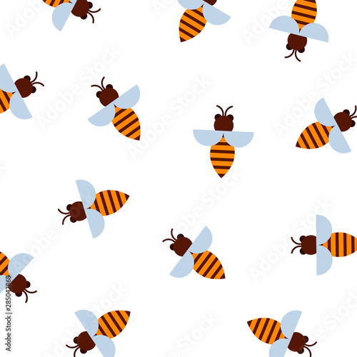 Honey bee pattern vector illustration. Pattern with flying bees on white back...