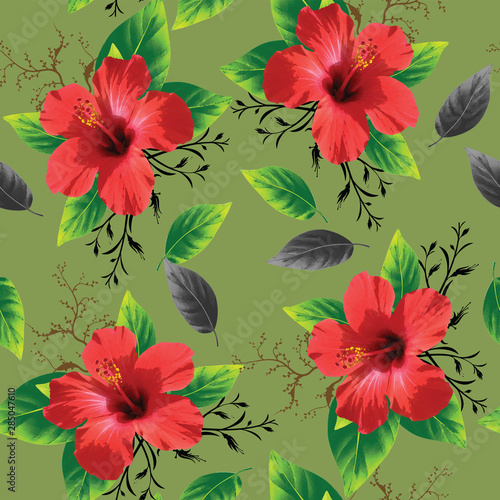 beautiful hibiscus flower with leave seamless pattern design