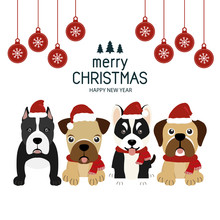 Merry Christmas Greeting Card With Dogs In Costumes Santa Claus.