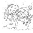 Outlined happy smiling snowman. Cute illustration coloring page. Digital stamp.