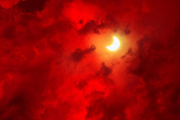 Wall Mural - big red clouds and moon. abstract sky picture.