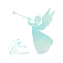 Merry Christmas Card With Angel And Trumpet