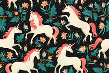 Unicorns On A Dark Background With A Fairy Forest. Seamless Pattern.