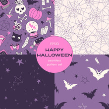 Witchcraft Cartoon Vector Seamless Pattern Set. Witch Stuff, Cobweb, Midnight Starry Sky, Flying Bats Backgrounds Pack. Black Magic Night Decorative Textile, Wallpaper, Wrapping Paper Design