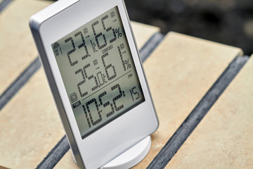 Wall Mural - Best personal weather station device with weather conditions inside and outside. Home digital weather forecast concept with temperature and humidity.