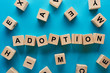 top view of adoption word made of wooden cubes on blue background