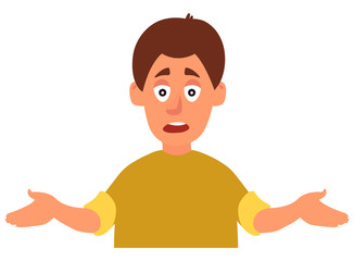 Young man emotionally spreads his hands. Question, what s going on. Vector illustration on white background in cartoon style