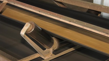 Wall Mural - A high tech stailnless steel conveyor belt, in a clean, modern food processing facility, rushes barley from storage to processing.