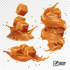 3D realistic vector set of a splash of caramel, slices and pieces of caramel, a splash in the form of a crown and a swirl