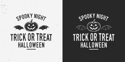 Wall Mural - Spooky night logo with halloween pumpkin. Halloween label, badge isolated on black and white background. Vintage design with grunge texture. Vector illustration