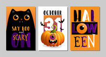 Vector Illustrations With Black Cat. Halloween Poster Designs With Symbols And Calligraphy. Funny Halloween Cards Set