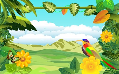 Wall Mural - vector jungle theme illustration with animals, exotic plants. Bird sits on the bush, Tropical floral frame with blue sky. Design template